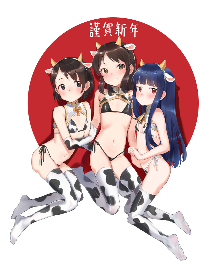 3girls animal_ears animal_print bell bikini black_bikini black_eyes black_hair blue_hair blunt_bangs brown_eyes commentary_request cow_ears cow_horns cow_print cow_print_bikini cow_tail cowbell djheycha elbow_gloves fake_animal_ears fake_horns flat_chest gloves half_updo highres horns idolmaster idolmaster_cinderella_girls long_hair looking_at_viewer multiple_girls new_year print_bikini red_eyes sajo_yukimi sasaki_chie short_hair shrug_(clothing) side-tie_bikini_bottom swimsuit tachibana_arisu tail thighhighs white_background white_bikini white_gloves