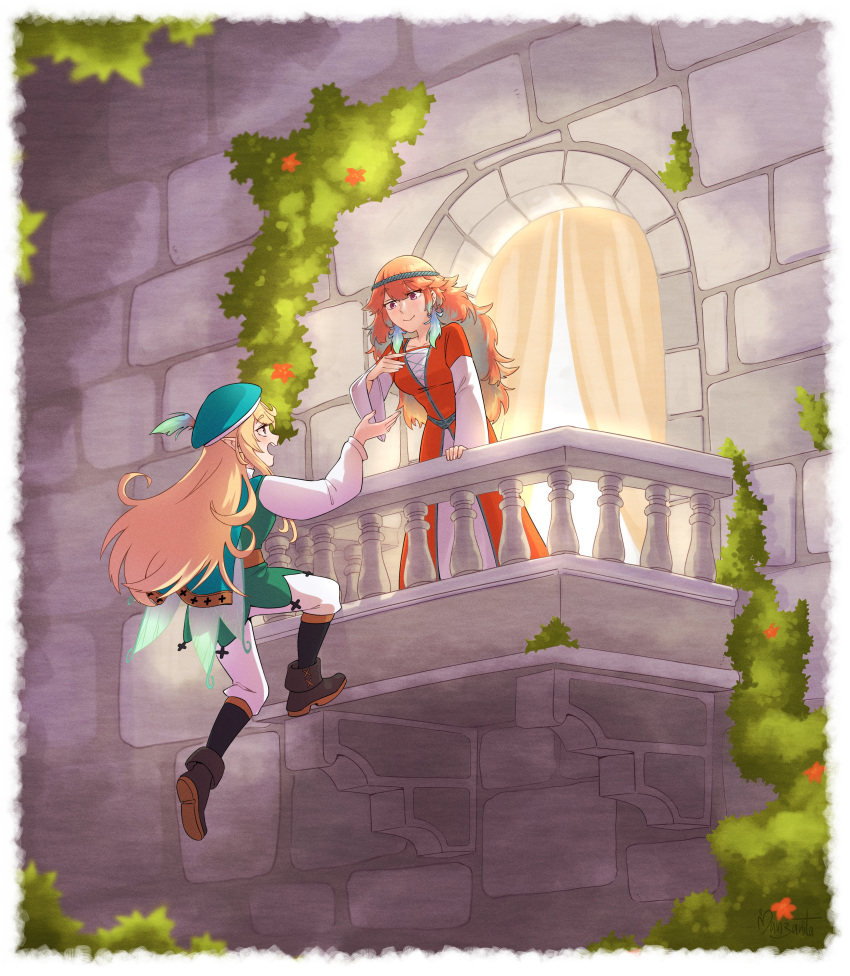 2girls absurdres balcony blonde_hair boots bush commentary crmanzana dress earrings feather_earrings feathers gradient_hair hair_ornament hat highres hololive hololive_english jewelry long_hair multicolored_hair multiple_girls nijisanji nijisanji_en orange_hair pink_hair pointy_ears pomu_rainpuff purple_eyes ribbon romeo_and_juliet smile symbol-only_commentary takanashi_kiara virtual_youtuber