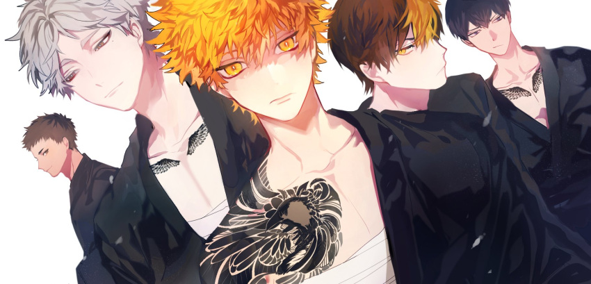 5boys alternate_costume bandages black_hair black_kimono blue_eyes chest_tattoo closed_mouth expressionless grey_hair haikyuu!! highres hinata_shouyou japanese_clothes kageyama_tobio kimono korean_commentary looking_at_viewer male_focus mgmg_1012 multicolored_hair multiple_boys nishinoya_yuu orange_eyes orange_hair sawamura_daichi short_hair sugawara_koushi tattoo two-tone_hair