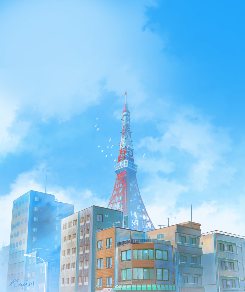 bird black_cat blue_sky building day feline hachiya_shohei highres lamppost no_humans original outdoors scenery signature sky window