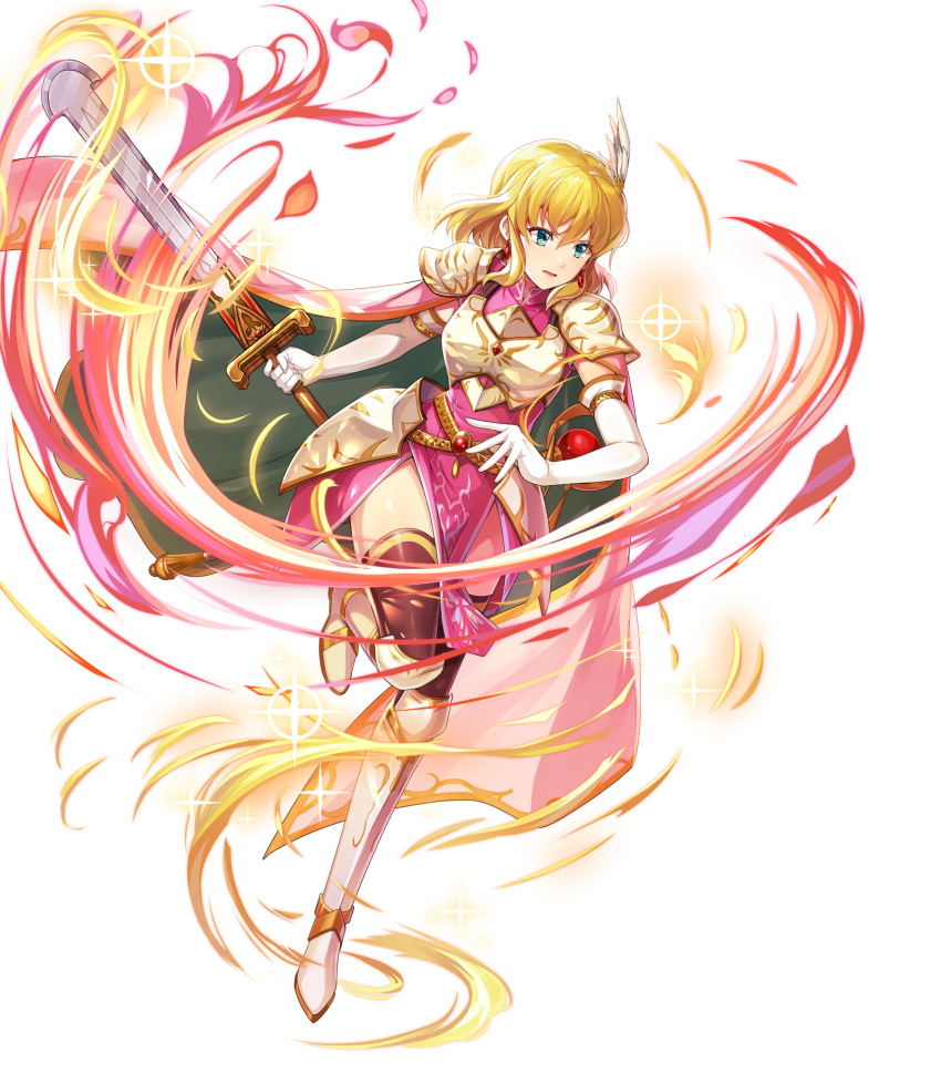 armor black_thighhighs blonde_hair blue_eyes breastplate cape chachie dress elbow_gloves female fire_emblem fire_emblem:_thracia_776 fire_emblem_heroes full_body gloves greaves highres holding holding_sword holding_weapon lands_sword nanna_(fire_emblem) non-web_source official_art open_mouth pauldrons pink_cape pink_dress short_hair shoulder_armor solo sword thighhighs transparent_background weapon white_gloves wing_hair_ornament