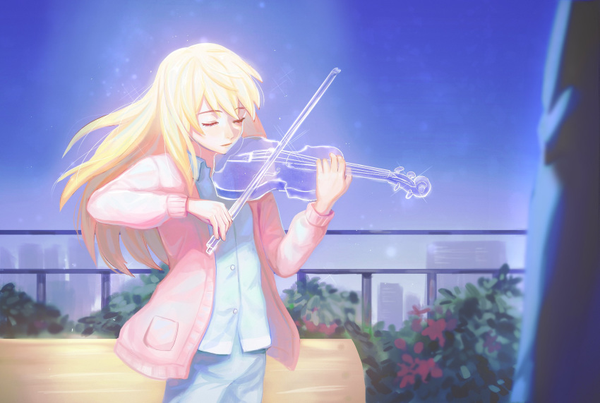 akiko_141 blonde_hair blue_skirt bow_(music) cardigan closed_eyes closed_mouth collared_shirt commentary day dress_shirt female highres holding holding_instrument holding_violin instrument long_hair long_sleeves miyazono_kawori music necktie open_cardigan open_clothes outdoors pink_cardigan playing_instrument railing shigatsu_wa_kimi_no_uso shirt skirt solo violin