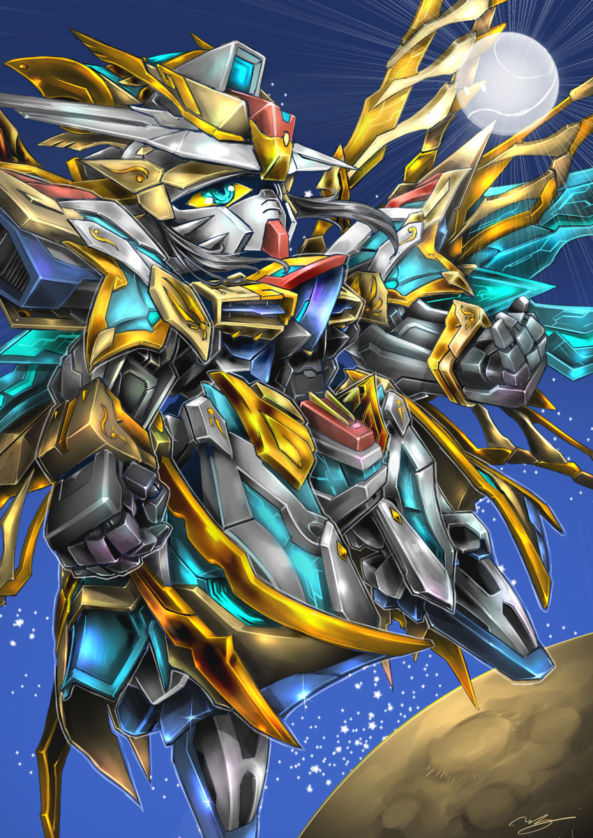 blue_eyes clenched_hand colored_sclera denjyou23 floating gundam haro highres leaning_back looking_up mecha moon no_humans robot science_fiction sd_gundam sd_gundam_world_heroes signature solo v-fin yellow_sclera zhuge_liang_freedom_gundam