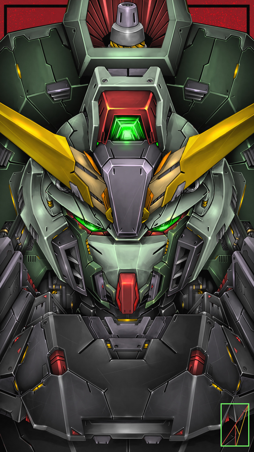 absurdres artist_logo denjyou23 forbidden_gundam green_eyes gundam gundam_seed highres looking_ahead mecha mobile_suit no_humans portrait robot science_fiction solo straight-on v-fin