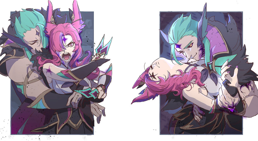 1boy angry animal_ears armor closed_eyes colored_sclera ddlggoddadda facial_mark female forehead_mark gloves green_eyes green_hair highres holding_another's_wrist hug hug_from_behind injury korean_commentary league_of_legends long_hair md5_mismatch open_mouth pink_eyes pink_hair purple_eyes rakan_(league_of_legends) simple_background smile sparkle star_guardian_(league_of_legends) straight white_background xayah yellow_sclera