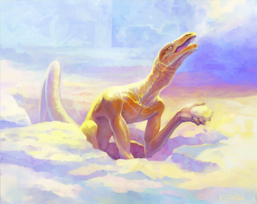 anthro athletic detailed_background digital_media_(artwork) holding_object klongi lizard long_neck long_tail male nude open_mouth reptile scales scalie sitting snow solo tongue