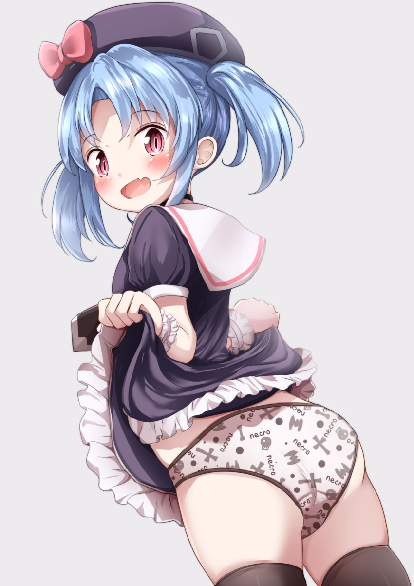 :d animal_print ass bad_id bad_pixiv_id bat_print beret black_choker black_dress black_hat black_thighhighs blue_hair blush bone_print bow choker clothes_lift clothes_writing commentary_request cross_print dress dress_lift female frilled_dress frills grey_background hat hat_bow highres kurobane_alice lifting_own_clothes looking_at_viewer looking_back mochiyuki oerba_yun_fang open_mouth panties parted_bangs print_panties red_bow red_eyes sailor_collar school_uniform serafuku shadowverse shadowverse_(anime) short_twintails sidelocks simple_background skull_print smile solo thighhighs twintails underwear white_panties white_sailor_collar wrist_cuffs