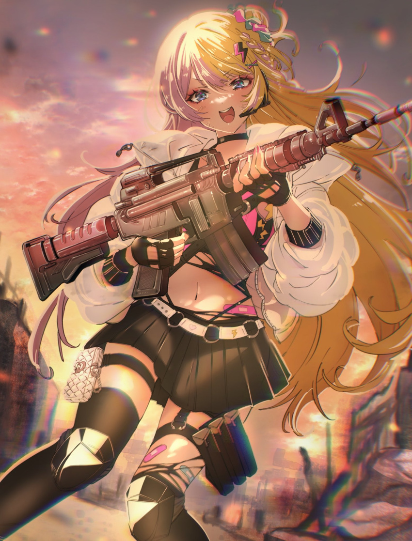 assault_rifle bandaid bandaid_on_leg bandaid_on_stomach belt black_gloves black_skirt black_thighhighs blonde_hair blue_eyes blush cloud eyeshadow female fingerless_gloves gloves gun hair_bun hair_ornament highres hmng holding holding_gun holding_weapon knee_pads kotoka_torahime lightning_bolt_hair_ornament lightning_bolt_symbol long_hair m4_carbine makeup midriff multicolored_hair navel nijisanji nijisanji_en o-ring open_mouth outdoors pink_eyeshadow rifle ruins single_hair_bun single_thighhigh skirt sky solo split-color_hair thigh_strap thighhighs v-shaped_eyebrows very_long_hair virtual_youtuber weapon white_belt