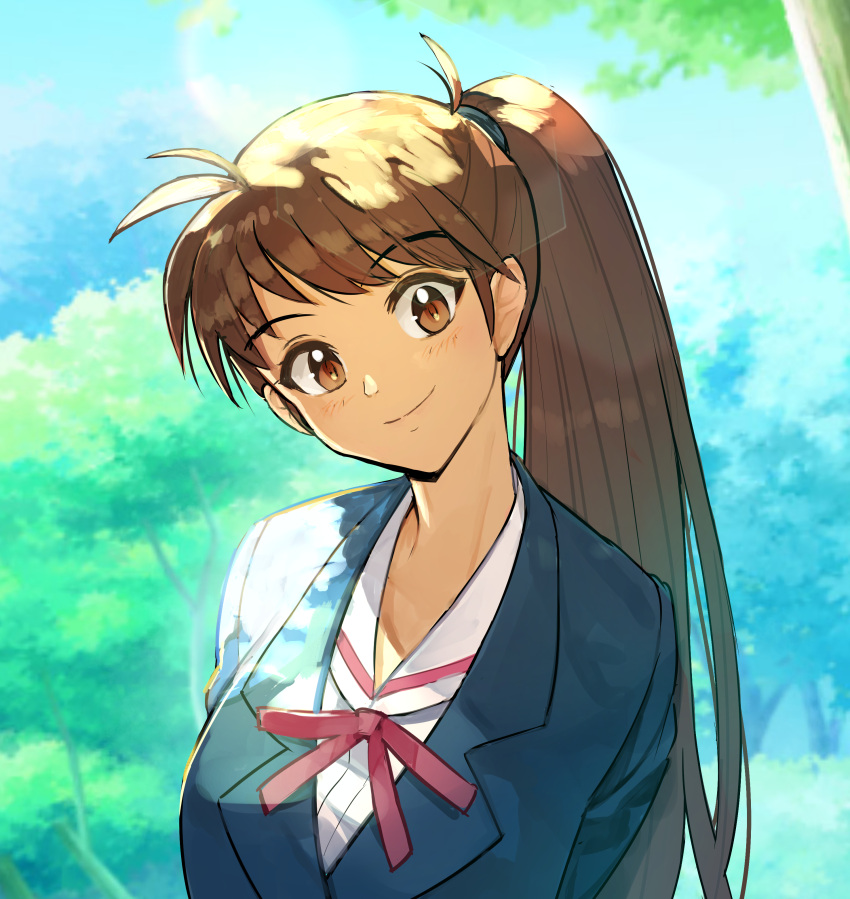 absurdres arms_behind_back blue_jacket brown_eyes brown_hair closed_mouth commentary_request day female gotou_ikumi hide_(hideout) highres jacket long_hair looking_at_viewer neck_ribbon outdoors ponytail red_ribbon ribbon school_uniform shirt smile solo tree true_love_story upper_body white_shirt