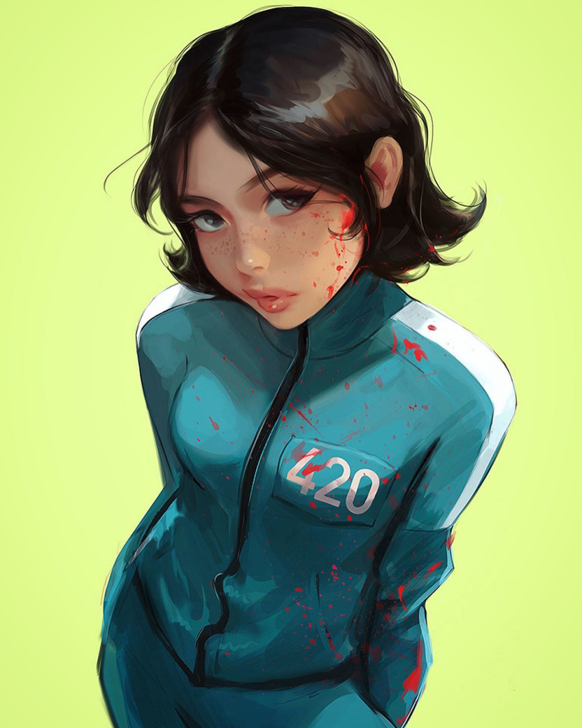 arms_behind_back black_hair blood blood_on_clothes blood_splatter female freckles green_background green_jacket highres jacket ji-yeong long_sleeves looking_at_viewer pants ross_tran short_hair simple_background solo squid_game track_jacket track_pants track_suit