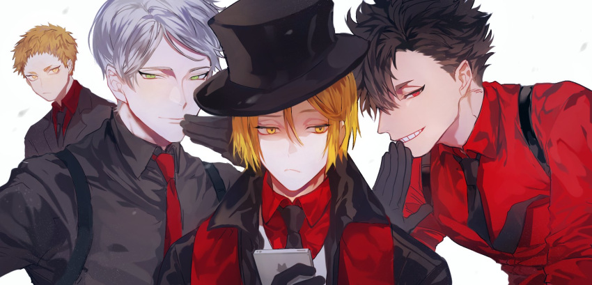 4boys alternate_costume black_gloves black_hair blonde_hair brown_hair cellphone closed_mouth dress_shirt formal gloves green_eyes grey_hair haiba_lev haikyuu!! harness hat highres holding holding_phone jacket korean_commentary kozume_kenma kuroo_tetsurou male_focus mgmg_1012 multicolored_hair multiple_boys necktie phone shirt short_hair smirk suit teeth top_hat two-tone_hair yaku_morisuke yellow_eyes