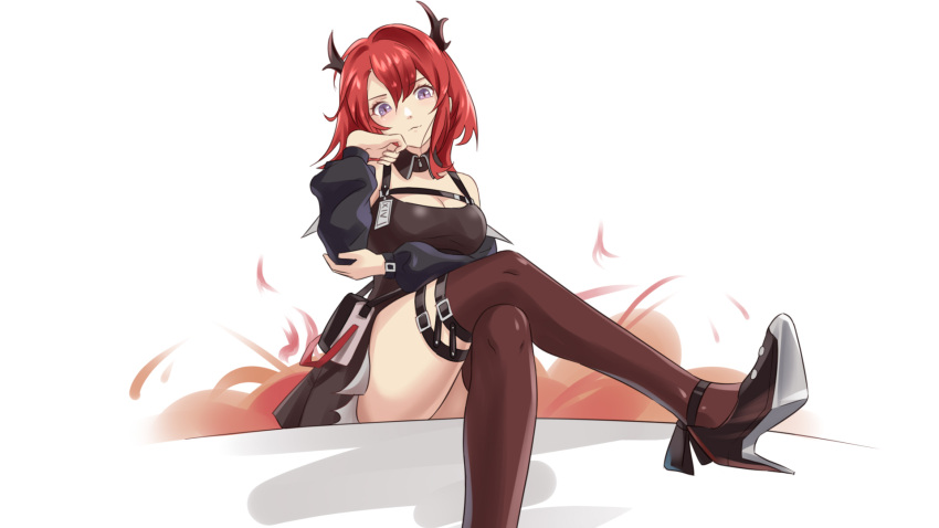 arknights bad_id bad_pixiv_id bare_shoulders black_dress black_footwear black_thighhighs breasts chest_strap chinese_commentary cleavage commentary_request crossed_legs da_akana_xiv detached_collar dress female foot_out_of_frame hand_on_own_elbow head_rest high_heels highres horns large_breasts long_hair looking_at_viewer off_shoulder purple_eyes red_hair short_dress simple_background sitting solo surtr_(arknights) thighhighs very_long_hair white_background