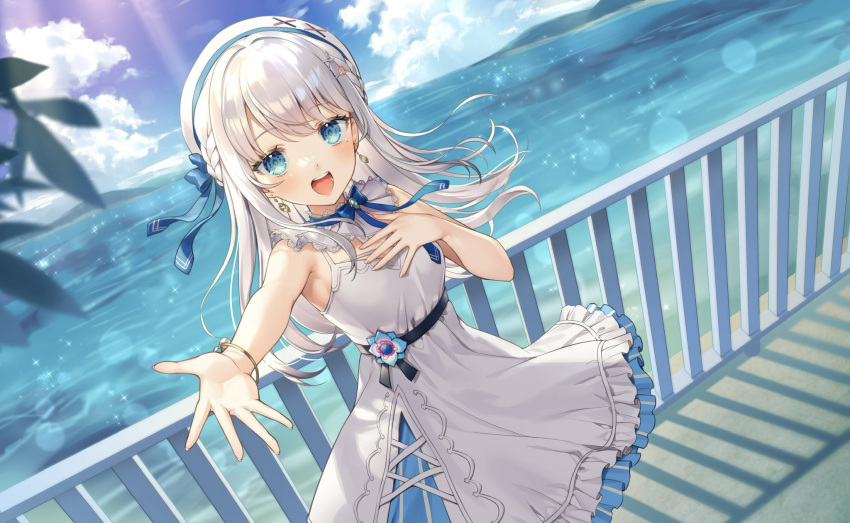 beret blue_eyes breasts day dress earrings female hat highres indie_virtual_youtuber jewelry kikugetsu looking_at_viewer nagino_mashiro neck_ribbon ocean open_mouth outdoors railing reaching reaching_towards_viewer ribbon second-party_source sleeveless sleeveless_dress small_breasts solo standing virtual_youtuber white_hair white_hat