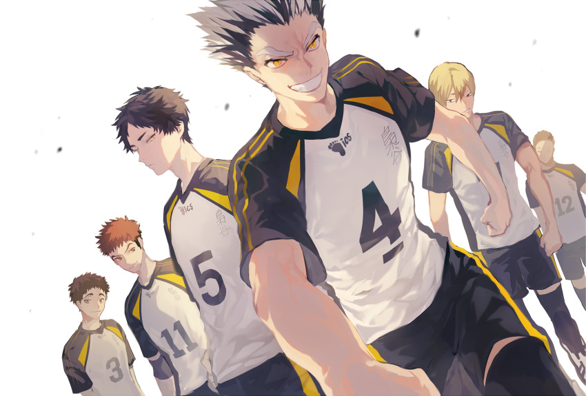 6+boys akaashi_keiji black_hair black_legwear blonde_hair bokuto_koutarou brown_hair eyebrows grey_hair haikyuu!! highres komi_haruki konoha_akinori korean_commentary looking_at_viewer male_focus mgmg_1012 multicolored_hair multiple_boys onaga_wataru sarukui_yamato serious short_hair short_sleeves shorts smirk sportswear two-tone_hair volleyball_uniform walking washio_tatsuki yellow_eyes