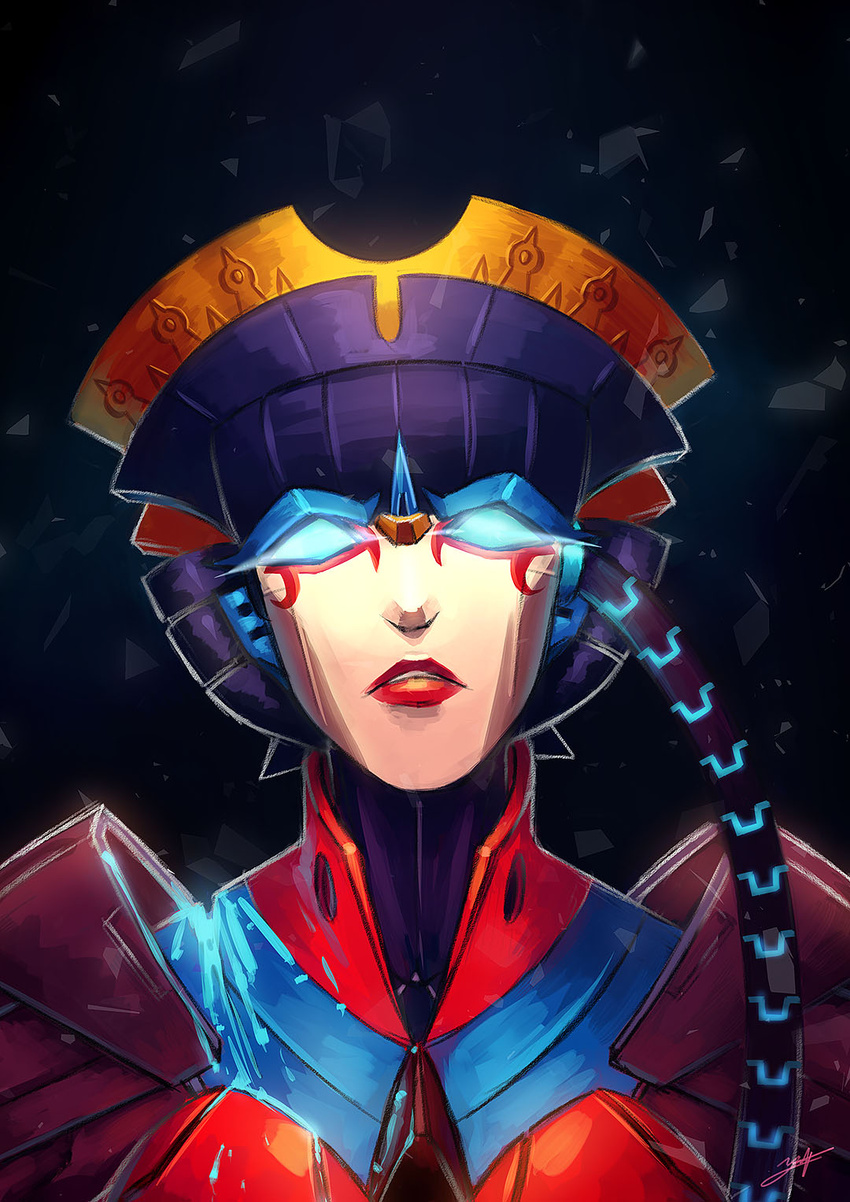 autobot black_background blue_eyes english_commentary female glowing glowing_eyes highres humanoid_robot looking_at_viewer mecha mimint no_humans parted_lips portrait robot robot_girl solo straight-on the_transformers_(idw) transformers windblade wire