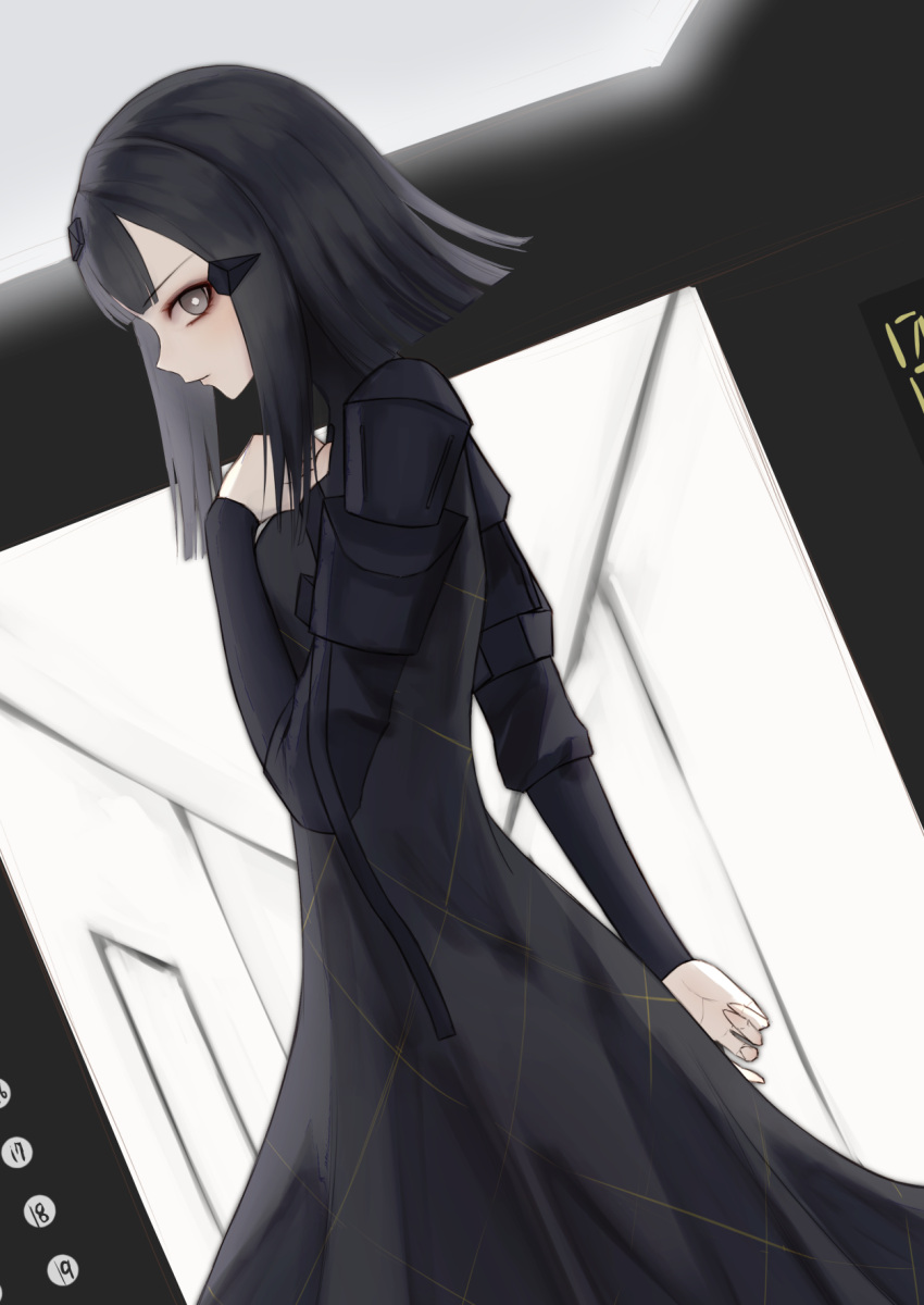 black_background black_dress black_hair closed_mouth dress female from_side girls'_frontline grey_eyes hair_ornament hairclip hand_on_own_chest highres long_sleeves looking_at_viewer medium_hair nyto_(generic)_(girls'_frontline) nyto_(girls'_frontline) paradeus profile simple_background solo standing thomas_8000 white_background