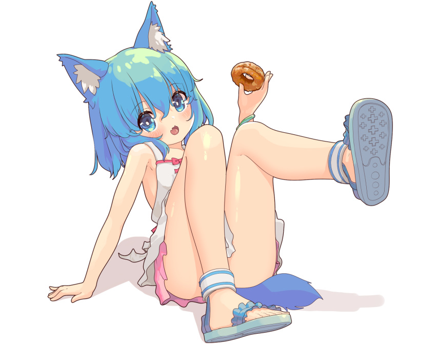 animal_ears aoi_tori armpits bare_shoulders blue_eyes blue_hair blue_tail blush collarbone cosplay doughnut dress female food highres holding holding_food medium_hair oerba_yun_fang open_mouth original oshino_shinobu oshino_shinobu_(cosplay) simple_background sitting skin_fang skirt solo tail teru-chan_(aoi_tori)