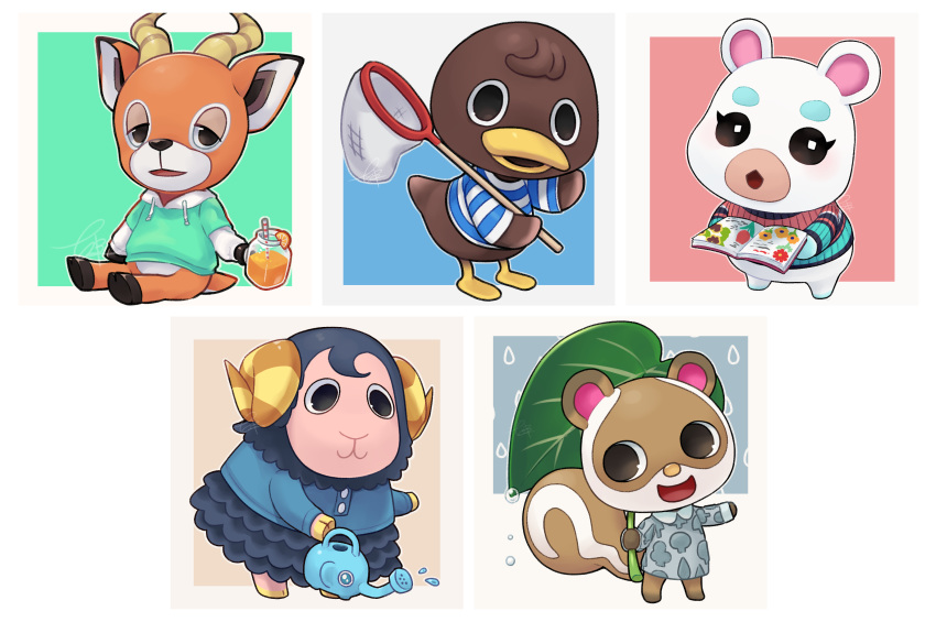 2boys 3girls animal_crossing animal_ears artist_name beau_(animal_crossing) bill_(animal_crossing) bird book deer deer_ears deer_tail drink duck eunice_(animal_crossing) flurry_(animal_crossing) furry furry_female furry_male hamster highres horns leaf multiple_boys multiple_girls nanami_mayo open_mouth rain sheep_girl sheep_horns sitting squirrel_ears squirrel_girl squirrel_tail sylvana_(animal_crossing) tail watering_can white_background