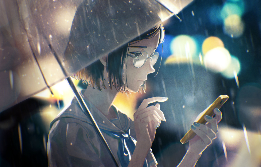 absurdres black_hair blue_eyes blue_nails blue_neckerchief blurry blurry_background cellphone closed_mouth female glasses highres holding holding_phone kunitarou-art looking_at_phone neckerchief original parted_bangs phone rain school_uniform serafuku shirt short_hair short_sleeves smartphone solo transparent transparent_umbrella umbrella upper_body white_shirt