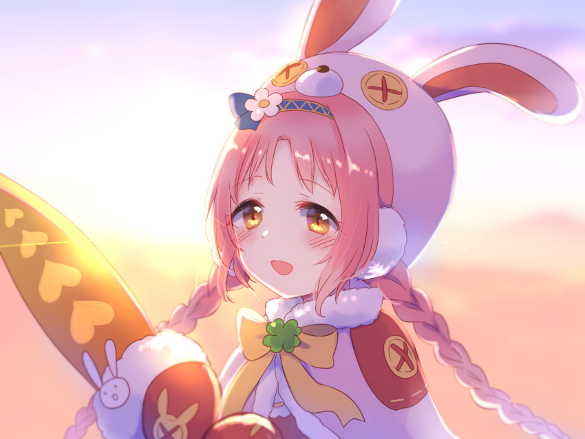 :d animal_ears animal_hat backlighting blue_hairband blush bow braid brown_bow brown_eyes button_eyes buttons capelet commentary_request fake_animal_ears female flower fur-trimmed_capelet fur_trim gucchiann hairband hat highres holding long_hair looking_at_viewer mimi_(princess_connect!) mittens open_mouth parted_bangs pink_hair pink_headwear princess_connect! purple_capelet rabbit_ears rabbit_hat red_mittens smile solo tareme twin_braids twintails upper_body very_long_hair white_flower