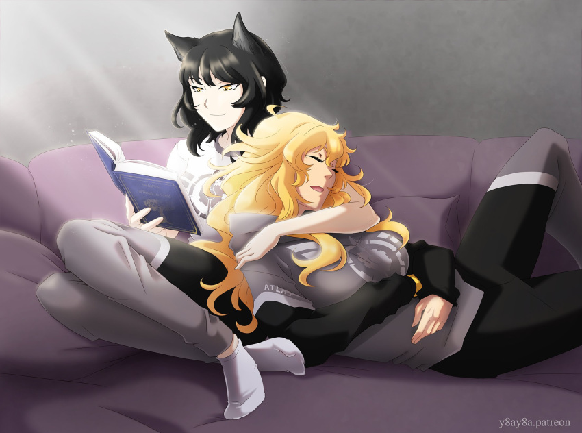 2girls animal_ear_fluff animal_ears ankle_socks black_hair blake_belladonna blonde_hair book breasts cat_ears closed_eyes commentary couch english_commentary fingernails highres large_breasts light_rays light_smile long_fingernails long_hair lying multiple_girls on_back prosthesis prosthetic_arm reading rwby sitting sleeping socks yang_xiao_long yaya_(y8ay8a) yellow_eyes yuri