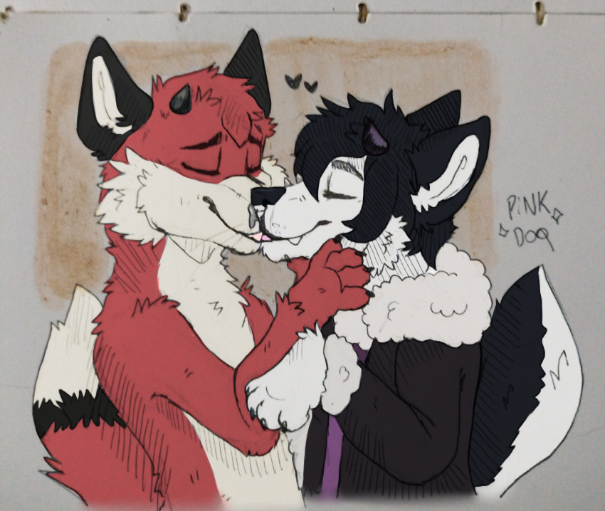 anthro black_body black_fur canid canine canis closed_eyes domestic_dog duo fox fur heart_symbol hi_res horn husky kissing male male/male mammal nordic_sled_dog piercing pink_dog red_body red_fur rivey_ravenheart spitz traditional_media_(artwork) white_body white_fur xfotzy