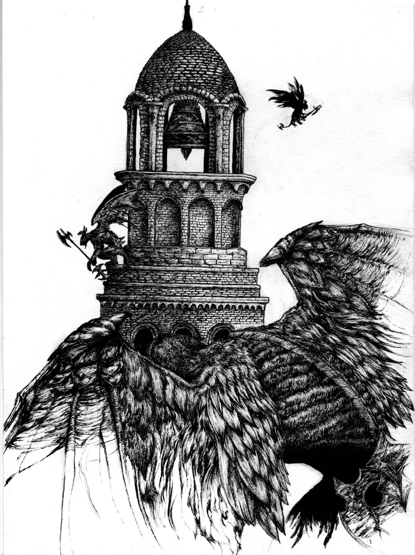 absurd_res ambiguous_gender bell_gargoyle dark_souls detailed feathered_wings feathers fromsoftware gargoyle greyscale group hi_res jpropain membrane_(anatomy) membranous_wings monochrome monster simple_background white_background wings