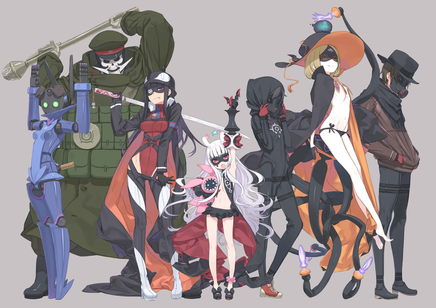 3boys 4girls android arm_up arms_up barefoot belt black_panties bodysuit boots cape coat domino_mask dva everyone eyepatch fedora flat_chest full_body galaktika gas_mask gauntlets general_pepel grey_background hands_in_pockets hat helmet highres hood hoodie hoshimiya_kate jimon_asuta katana kuroboshi_kouhaku kurukuru_(sekai_seifuku) leotard long_coat looking_at_viewer mask midriff military military_hat military_uniform morozumi_yasubee multiple_boys multiple_girls natasha_(sekai_seifuku) no_bra odin_(seikai_seifuku) official_art panties pants panzerfaust peaked_cap photoshop_(medium) pickelhaube plamja-sama professor_um red_leotard roboko_(sekai_seifuku) robot sekai_seifuku:_bouryaku_no_zvezda shikabane_gorou shikabane_itsuka side-tie_panties simple_background standing stuffed_toy sword underwear uniform venera-sama weapon witch_hat