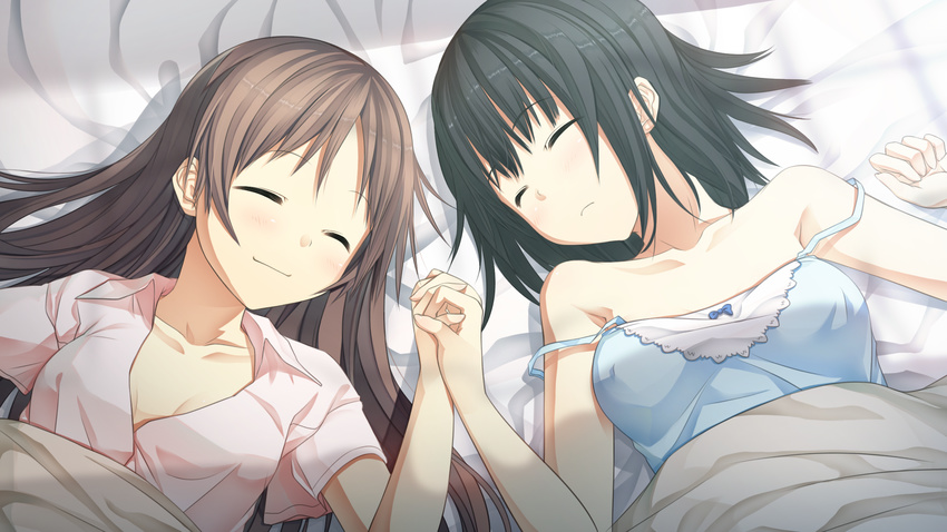 2girls arishima_alice black_hair blush bow closed_eyes cura dress_shirt duplicate game_cg highres holding_hands interlocked_fingers monobeno multiple_girls sawai_natsuha shirt smile strap_slip