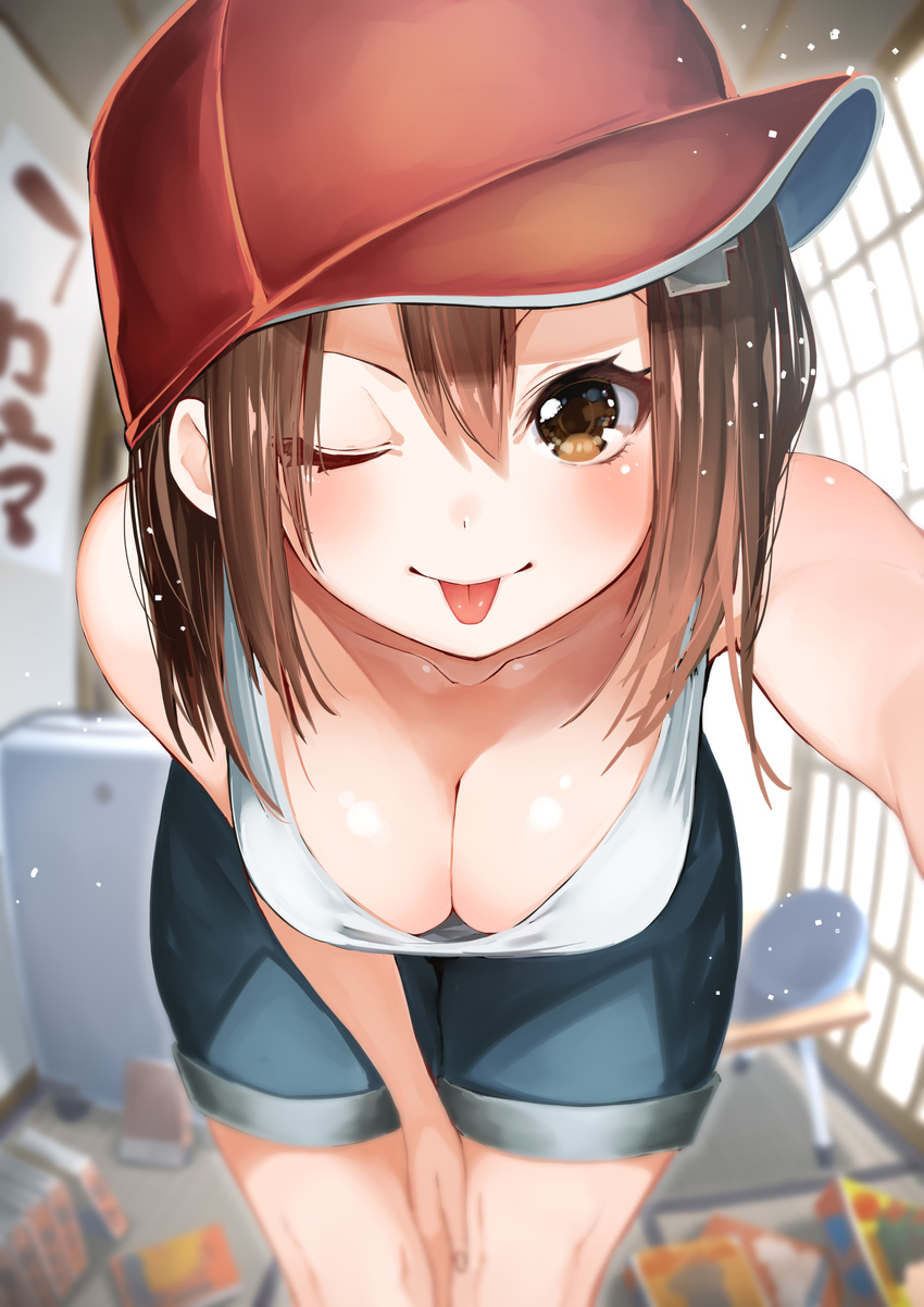 absurdres baseball_cap breasts brown_eyes brown_hair cleavage close-up commentary_request denim denim_shorts female hat highres kawakami_masaki leaning_forward long_hair looking_at_viewer medium_breasts one_eye_closed original ponkotsu_ado ponkotsu_musume_no_nichijou raised_eyebrow shorts solo sunlight tongue tongue_out window