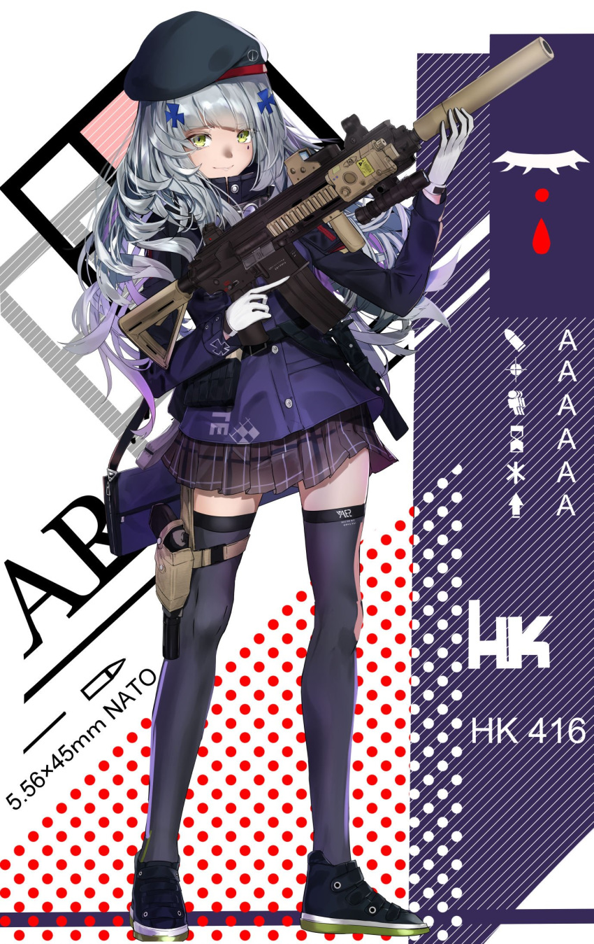 assault_rifle beret black_hat black_thighhighs blunt_bangs commentary facial_mark female full_body girls'_frontline gloves green_eyes grey_hair gun h&k_hk416 hair_ornament hat heckler_&_koch highres hk416_(girls'_frontline) holding holding_gun holding_weapon jacket long_hair pirapirapirapira plaid plaid_skirt polka_dot rifle shoes skirt sneakers solo standing striped striped_background suppressor thigh_strap thighhighs title weapon white_gloves white_hair zettai_ryouiki