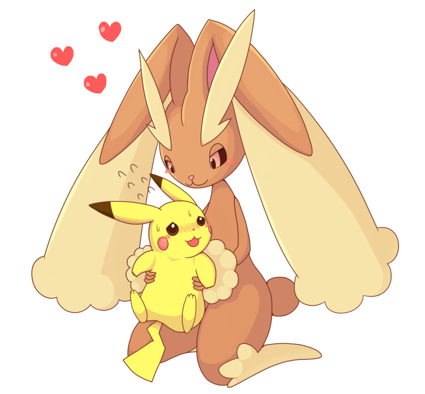 2018 ambiguous_gender anthro biped blush brown_body brown_eyes brown_fur duo feral fur generation_1_pokemon generation_4_pokemon heart_symbol holding_character kneeling lagomorph lopunny mammal mochitig nintendo nude open_mouth pikachu pink_eyes pink_nose pokemon pokemon_(species) romantic romantic_couple simple_background size_difference white_background yellow_body yellow_fur