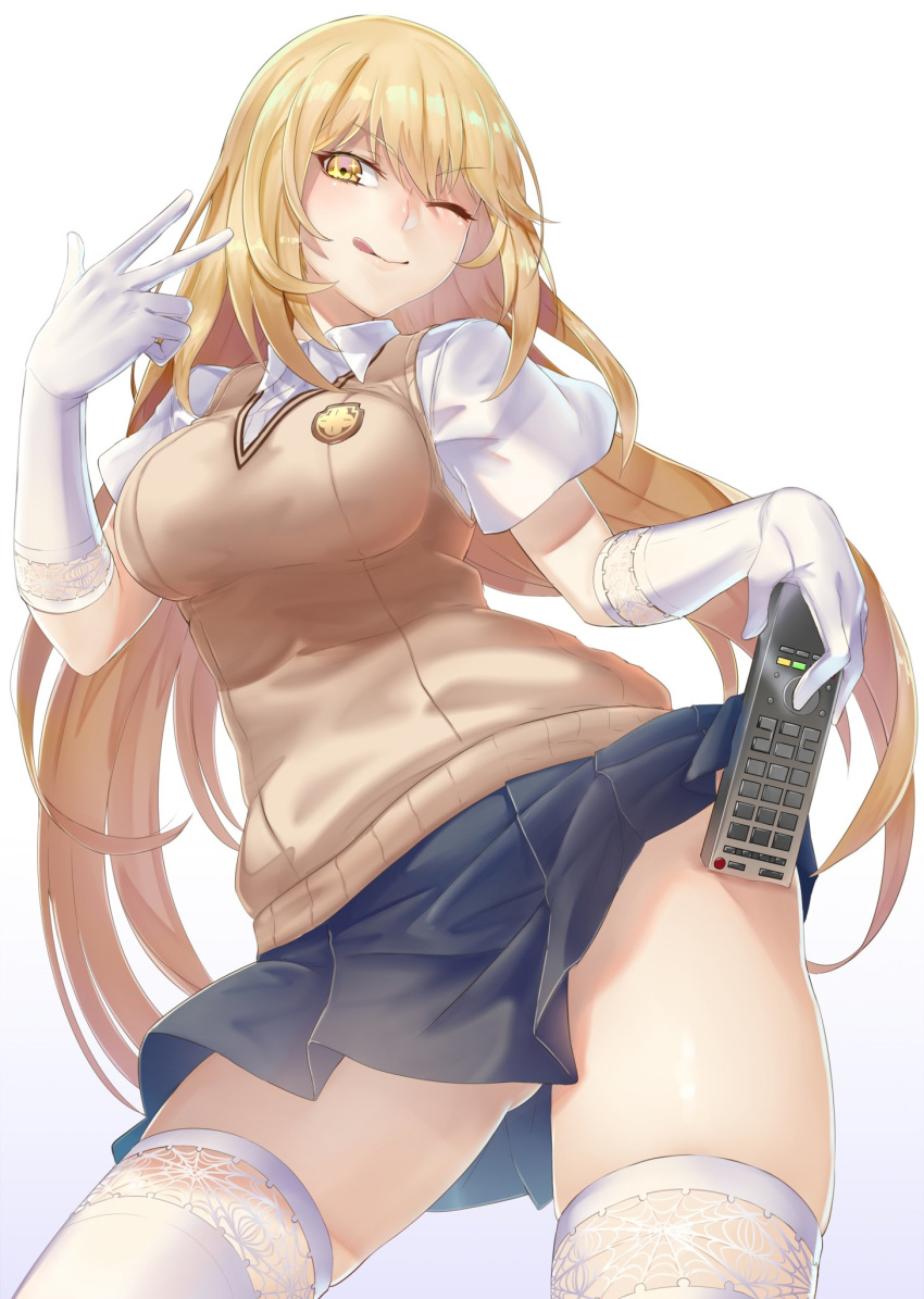 ;q ass_visible_through_thighs blonde_hair blush breasts commentary_request contrapposto controller cowboy_shot elbow_gloves female gloves highres holding holding_remote_control jikeshi large_breasts long_hair looking_at_viewer one_eye_closed pleated_skirt remote_control school_uniform shokuhou_misaki short_sleeves simple_background skindentation skirt smile solo sparkling_eyes spider_web_print standing summer_uniform sweater_vest symbol-shaped_pupils thighhighs thighs toaru_kagaku_no_railgun toaru_majutsu_no_index tokiwadai_school_uniform tongue tongue_out w white_background white_gloves white_thighhighs yellow_eyes