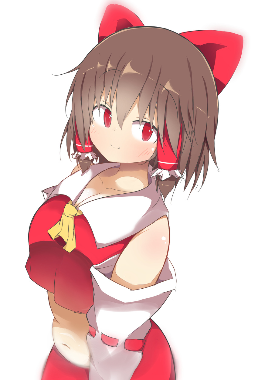 akabeco belly blush bow breasts brown_hair cleavage closed_mouth collarbone commentary_request cookie_(touhou) detached_sleeves female hair_tubes hairbow hakurei_reimu highres large_breasts looking_at_viewer navel plump red_bow red_eyes reu_(cookie) smile solo touhou