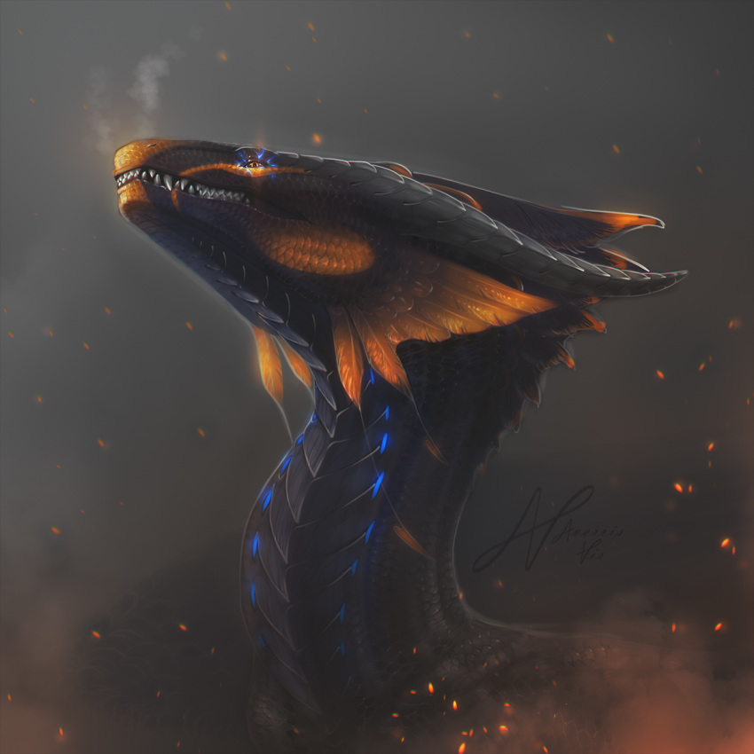 1:1 2019 ambiguous_gender averrisvis black_body black_scales detailed_background dragon feral headshot_portrait hi_res horn icon implied_fire mythological_creature mythological_scalie mythology orange_eyes portrait scales scalie smile solo spines teeth