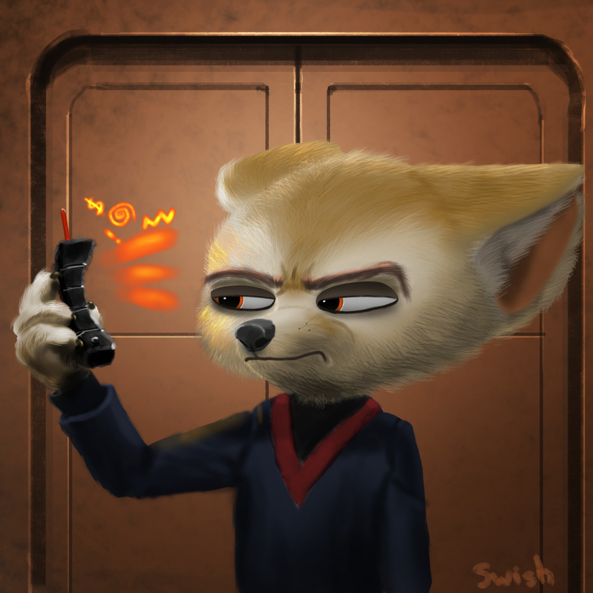 1:1 anthro bar_phone black_nose canid canine cellphone claws clothed clothing detailed_background disney door electronics fennec_fox finnick_(zootopia) fox fur grawlixes hi_res male mammal onomatopoeia phone solo sound_effects swish text the_fifth_element true_fox v-neck_shirt white_body white_fur yelling zootopia