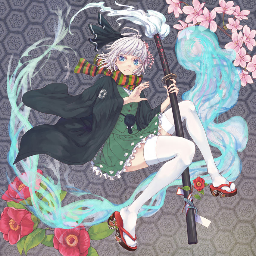 :< blue_eyes camellia cherry_blossoms colored_eyelashes commentary_request female flower full_body grey_eyes hair_ornament hair_ribbon haori highres holding holding_sheath holding_sword holding_weapon honeycomb_(pattern) honeycomb_background japanese_clothes kanzashi katana kikkoumon konpaku_youmu konpaku_youmu_(ghost) looking_at_viewer md5_mismatch multicolored_clothes multicolored_scarf multicolored_stripes mumulatte okobo pink_flower pom_pom_(clothes) red_flower ribbon sandals scarf sheath sheathed shirt skirt skirt_set solo striped_clothes striped_scarf sword thighhighs thighs touhou tsumami_kanzashi uneven_eyes vest weapon white_hair white_thighhighs zettai_ryouiki