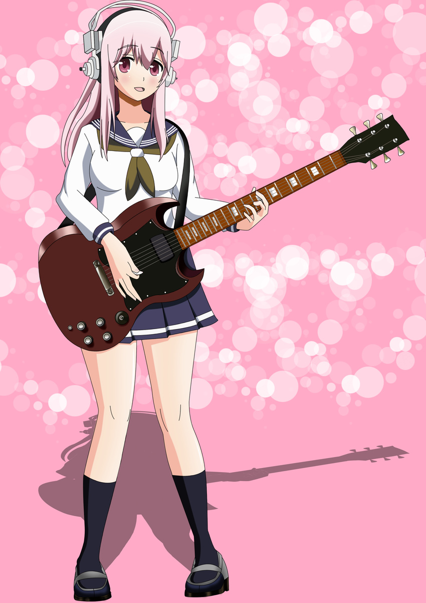 absurdres blush breasts commentary_request electric_guitar female guitar headphones highres instrument knightstar large_breasts long_hair looking_at_viewer nitroplus open_mouth photoshop_(medium) pink_eyes pink_hair plectrum school_uniform serafuku smile solo super_sonico