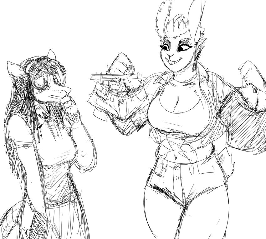 american_opossum anthro big_breasts black_and_white blush bottomwear breasts buckteeth cleavage clothed clothing denim denim_clothing duo ear_piercing eyelashes eyewear female glasses grin hladilnik lagomorph leporid mammal marsupial marylin_(hladilnik) midriff monochrome navel piercing pro_bun_(hladilnik) rabbit shorts smile teeth virginia_opossum