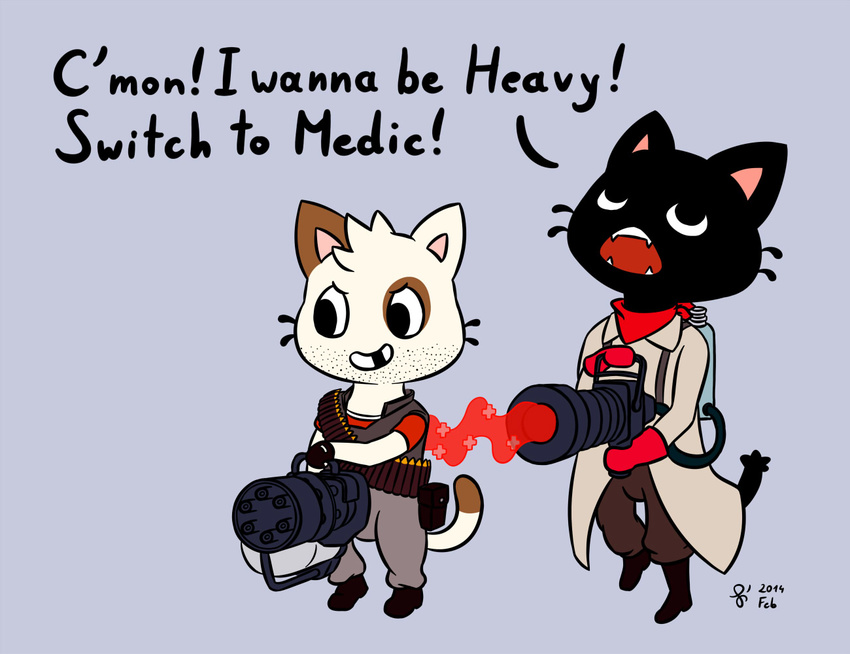 2014 anthro dialogue domestic_cat duo english_text felid feline felis gamercat_(character) gaming gatling_gun glitch_(the_gamercat) gun healing heavy_(team_fortress_2) humor machine_gun male mammal medic_(team_fortress_2) minigun ranged_weapon sen_grisane_(artist) team_fortress_2 text the_gamercat valve weapon young young_anthro