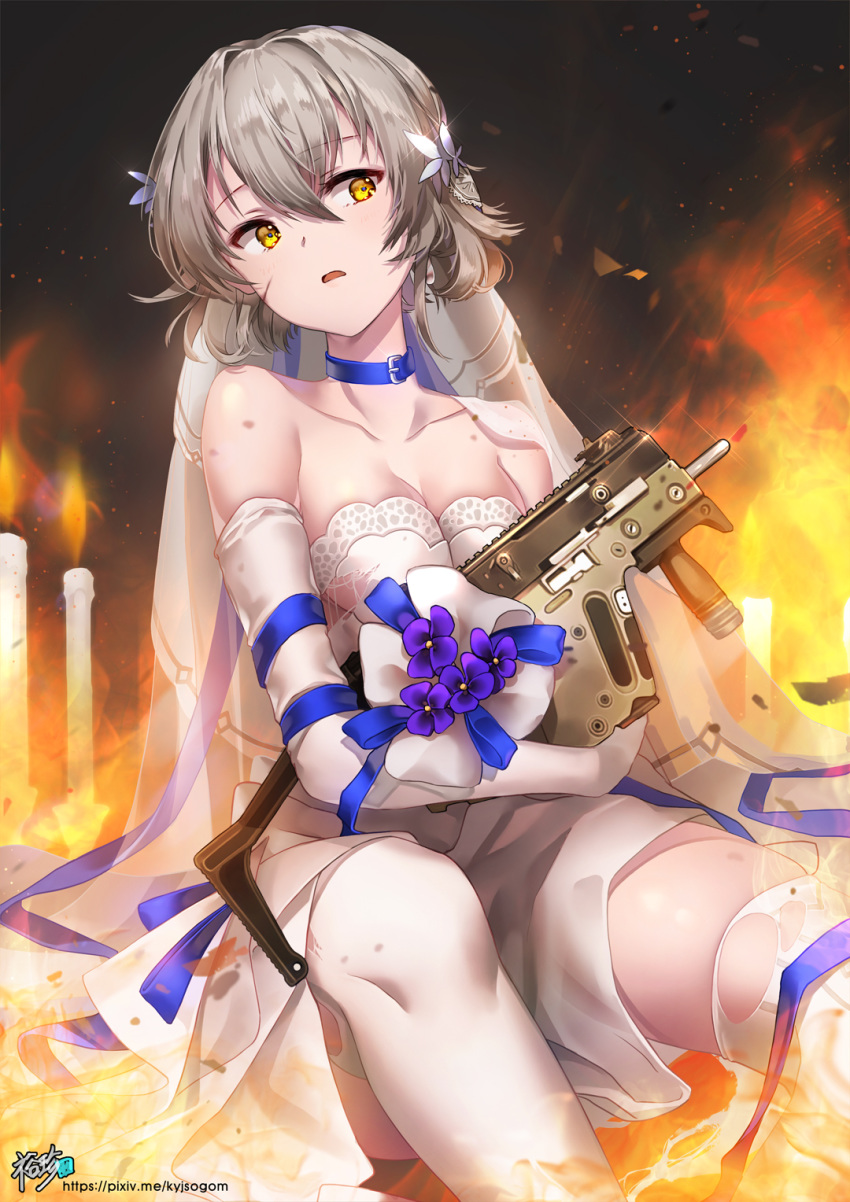 alternate_costume bare_shoulders blush breasts bridal_veil candle choker cleavage closed_mouth collarbone commentary dress earrings elbow_gloves female fire girls'_frontline gloves grey_hair gun hair_ornament hand_up head_tilt highres holding holding_gun holding_weapon jewelry kriss_vector kyjsogom looking_at_viewer medium_breasts official_alternate_costume open_mouth photoshop_(medium) short_hair sidelocks signature sitting solo sparkle strapless strapless_dress submachine_gun thighhighs torn_clothes vector_(ardent_devotion)_(girls'_frontline) vector_(girls'_frontline) veil weapon wedding_dress white_dress white_gloves white_thighhighs yellow_eyes