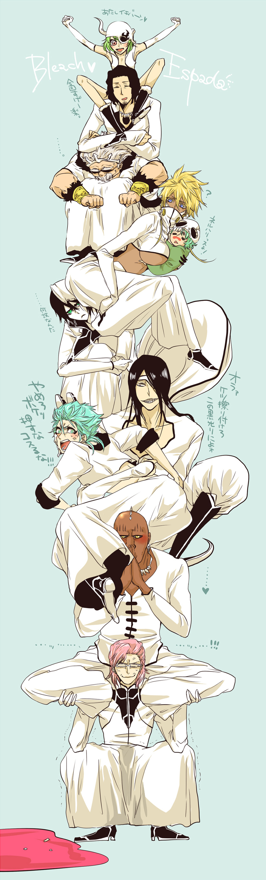 3girls 6+boys aqua_eyes aqua_hair arrancar artist_request baraggan_louisenbairn black_hair bleach blonde_hair blue_eyes brown_hair character_request coyote_starrk dark_skin espada glasses green_eyes green_hair grimmjow_jaegerjaquez knees legs lilynette_gingerbuck moustache multiple_boys multiple_girls nelliel_tu_odelschwanck nijinuma_ui nnoitra_gilga pale_skin pink_hair szayelaporro_granz tier_harribel translation_request ulquiorra_cifer white_hair zommari_rureaux