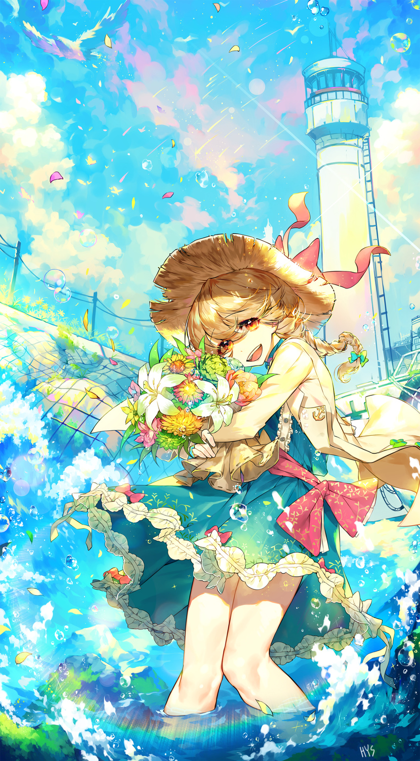 absurdres anchor_symbol blonde_hair blush bow braid commentary_request female flower hat hat_bow hat_ribbon hayanse highres holding holding_flower looking_at_viewer medium_hair ocean open_mouth orange_eyes original outdoors red_bow red_ribbon ribbon smile spring_(season) teeth