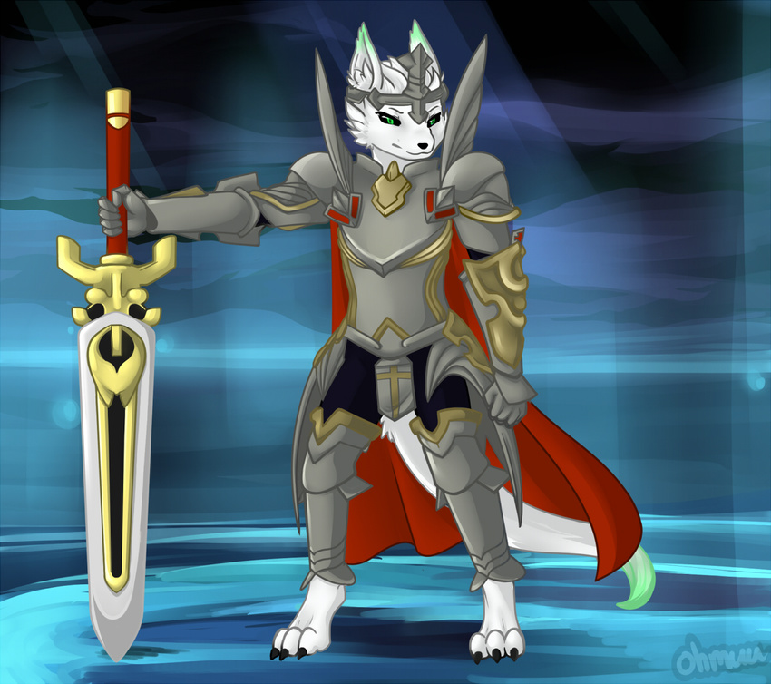 2014 3_toes 5_fingers aeveus anthro armor avoid_posting black_nose bravely_default canid canine canis cape claws clothing feet fingers fur green_eyes male mammal melee_weapon ohmuu silicon_studio solo standing sword templar toe_claws toes weapon white_body white_fur wolf