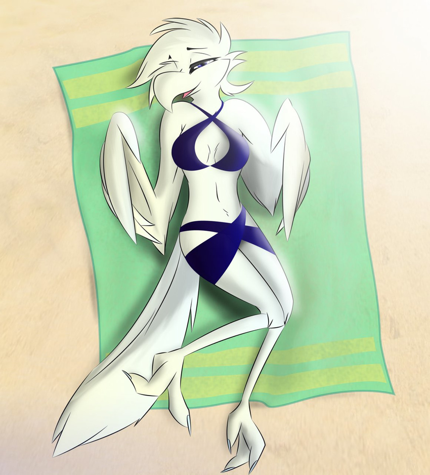 anthro avian beach beak bedroom_eyes better_version_at_source bird breeze corrvo eyebrows eyelashes feathered_wings feathers feet female half-closed_eyes hi_res narrowed_eyes seaside seductive solo talons toes wings