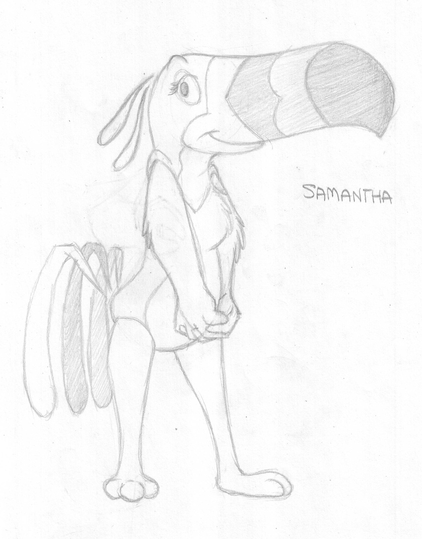 absurd_res anthro avian beak biped bird english_text featureless_crotch female froot_loops graphite_(artwork) hi_res kellogg's mascot mizzyam monochrome pencil_(artwork) rule_63 solo standing text toucan toucan_sam traditional_media_(artwork) winged_arms wings