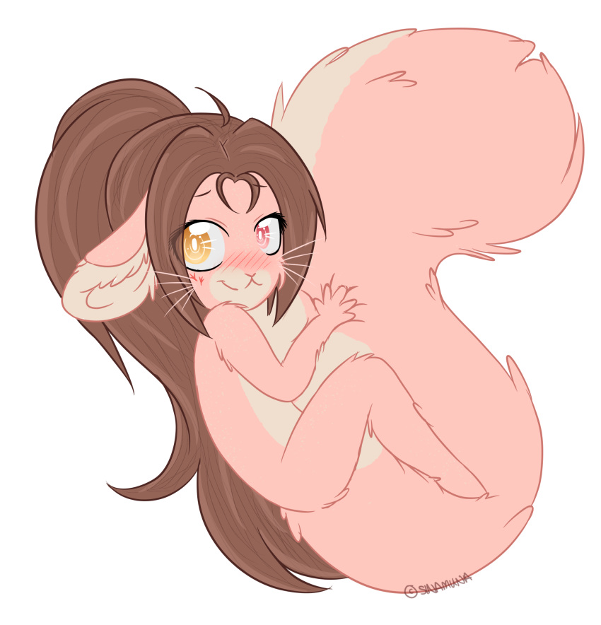 alpha_channel anthro blush brown_hair cinnamon_(sinamuna) female fluffy fluffy_tail fur hair heterochromia hi_res holding_tail long_hair mammal nude pink_body pink_eyes pink_fur ponytail rodent simple_background sinamuna smile solo tail tail_hug transparent_background whiskers yellow_eyes