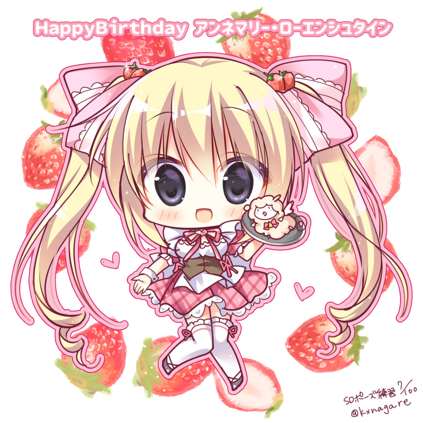 :d annemarie_lohenstein blonde_hair blush bow breasts character_name chibi commentary_request female food food-themed_background food-themed_hair_ornament frilled_thighhighs frills fruit fruit_background full_body gaku_ou grey_eyes grey_footwear hair_between_eyes hair_ornament hairbow happy_birthday heart highres holding holding_tray long_hair looking_at_viewer maid medium_breasts open_mouth outline pink_bow pink_outline pink_skirt plaid plaid_skirt pleated_skirt puffy_short_sleeves puffy_sleeves red_ribbon ribbon ryuuka_sane shirt shoes short_sleeves signature skirt smile solo strawberry strawberry_hair_ornament thighhighs tray twintails twitter_username very_long_hair white_background white_shirt white_thighhighs wrist_cuffs