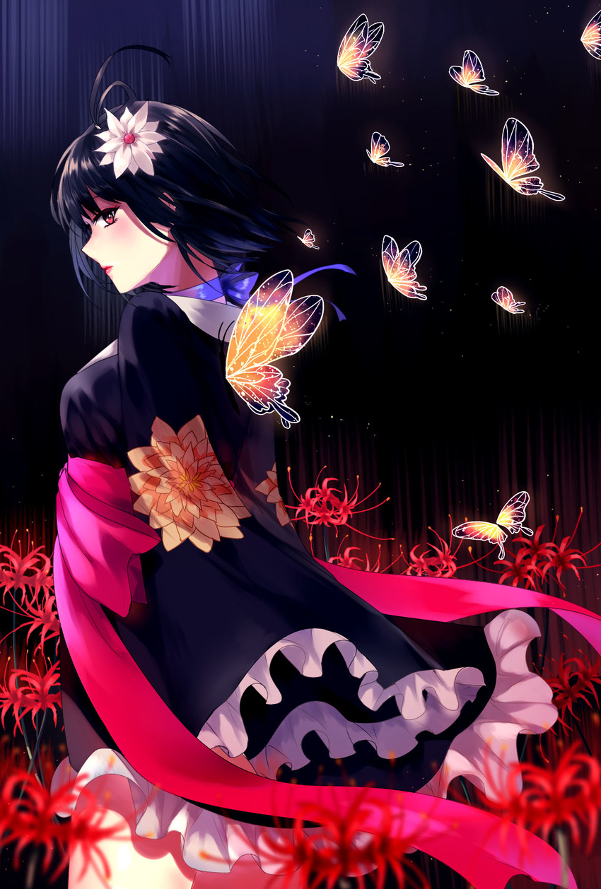 ahoge alti_meizi black_hair bug butterfly commentary cowboy_shot female floral_print flower hair_flower hair_ornament highres japanese_clothes kimono koutetsujou_no_kabaneri lipstick looking_at_viewer makeup mumei_(kabaneri) neck_ribbon obi photoshop_(medium) profile red_eyes ribbon sash short_hair solo spider_lily