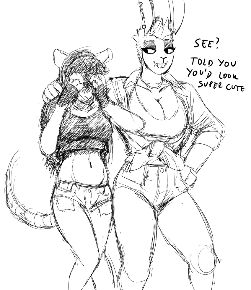 american_opossum anthro big_breasts black_and_white blush breast_size_difference breasts buckteeth cleavage clothed clothing dialogue duo ear_piercing embarrassed english_text eyebrow_piercing eyelashes facial_piercing female hi_res hladilnik lagomorph leporid lip_piercing mammal marsupial marylin_(hladilnik) midriff monochrome navel piercing pro_bun_(hladilnik) rabbit smile teeth text virginia_opossum